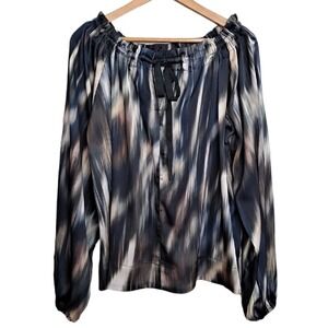 HM Womens XL Abstract Ikat Print Off‎ the Shoulder Blouse Blue Black Long Sleeve